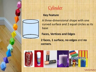 Cylinder
A three-dimensional shape with one
curved surface and 2 equal circles as its
base
Key Feature
Faces, Vertices and Edges
2 faces, 1 surface, no edges and no
corners.
VAISHNAVI
 
