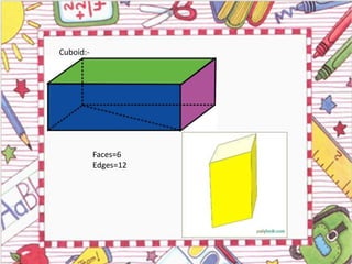 Cuboid:-
Faces=6
Edges=12
 