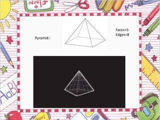 Pyramid:-
Faces=5
Edges=8
 