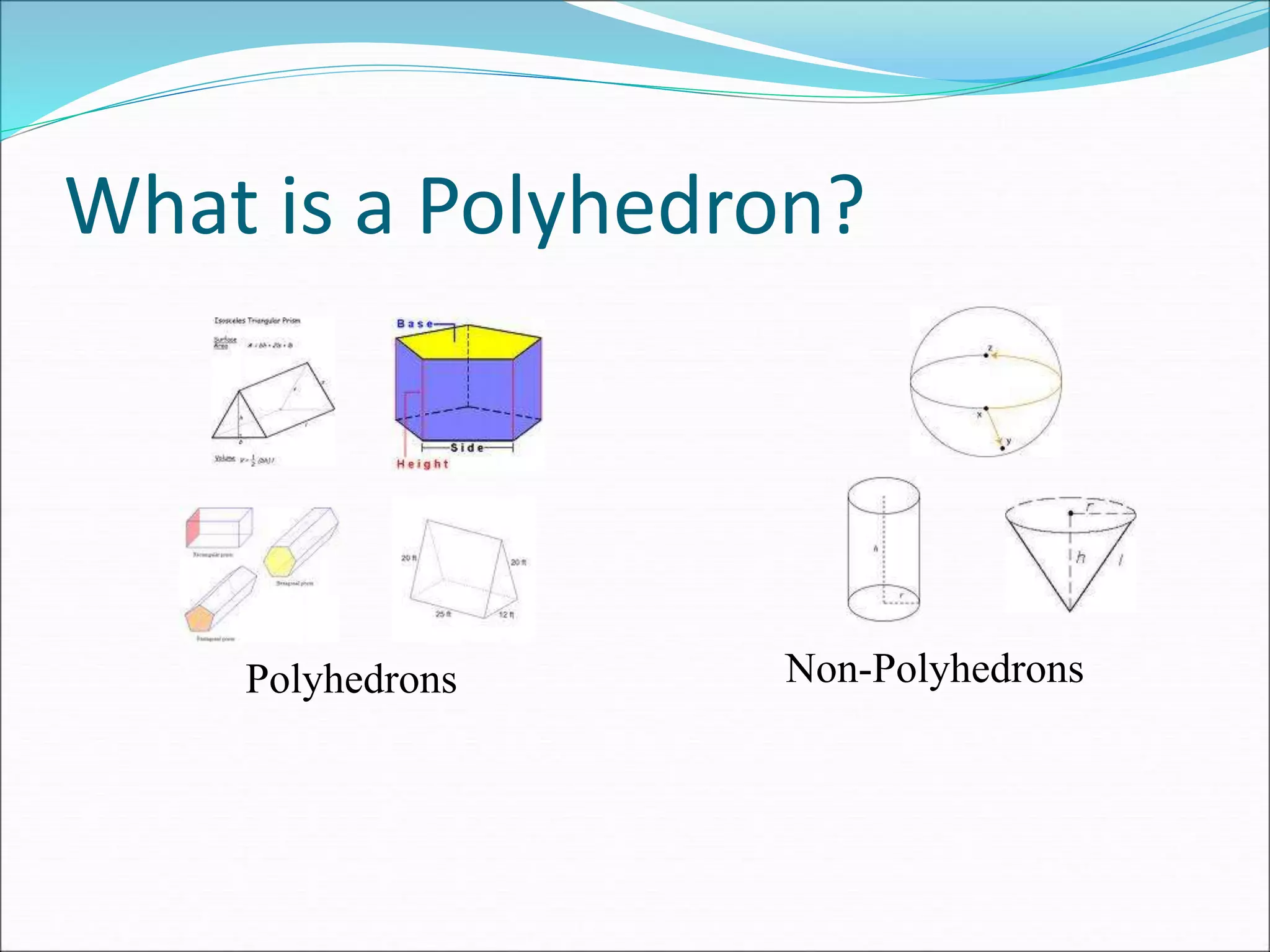 What is a Polyhedron?
Polyhedrons Non-Polyhedrons
 