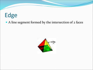 Edge
 A line segment formed by the intersection of 2 faces
 