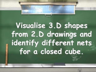 Visualise 3.D shapes
from 2.D drawings and
identify different nets
for a closed cube.
 