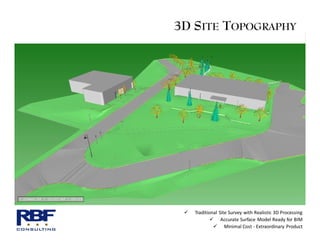 3D SITE TOPOGRAPHY




    Traditional Site Survey with Realistic 3D Processing
              Accurate Surface Model Ready for BIM
               Minimal Cost - Extraordinary Product
 