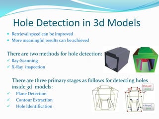Hole Detection in 3d Models
 Retrieval speed can be improved

 More meaningful results can be achieved

There are two methods for hole detection:
 Ray-Scanning
 X-Ray inspection

There are three primary stages as follows for detecting holes
inside 3d models:




Plane Detection
Contour Extraction
Hole Identification

 