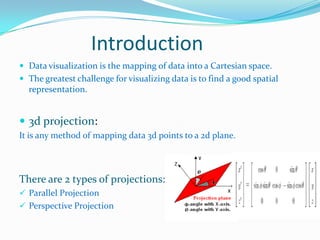 Introduction
 Data visualization is the mapping of data into a Cartesian space.
 The greatest challenge for visualizing data is to find a good spatial

representation.

 3d projection:
It is any method of mapping data 3d points to a 2d plane.

There are 2 types of projections:
 Parallel Projection
 Perspective Projection

 
