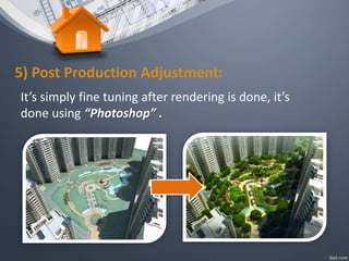 5) Post Production Adjustment:
It’s simply fine tuning after rendering is done, it’s
done using “Photoshop” .
 