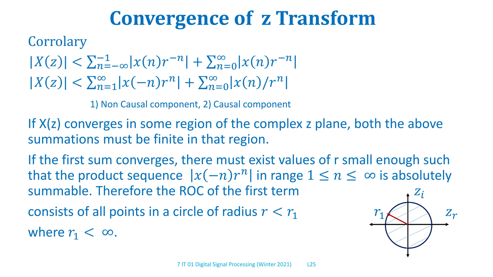 7 IT 01 Digital Signal Processing (Winter 2021) L25
Convergence of z Transform
Corrolary
|𝑋 𝑧 | < 𝑛=−∞
−1
𝑥 𝑛 𝑟−𝑛
+ 𝑛=0
∞
𝑥 𝑛 𝑟−𝑛
|𝑋 𝑧 | < 𝑛=1
∞
𝑥 −𝑛 𝑟𝑛
+ 𝑛=0
∞
𝑥 𝑛 /𝑟𝑛
1) Non Causal component, 2) Causal component
If X(z) converges in some region of the complex z plane, both the above
summations must be finite in that region.
If the first sum converges, there must exist values of r small enough such
that the product sequence 𝑥 −𝑛 𝑟𝑛
in range 1 ≤ 𝑛 ≤ ∞ is absolutely
summable. Therefore the ROC of the first term 𝑧𝑖
consists of all points in a circle of radius 𝑟 < 𝑟1 𝑟1 𝑧𝑟
where 𝑟1 < ∞.
 