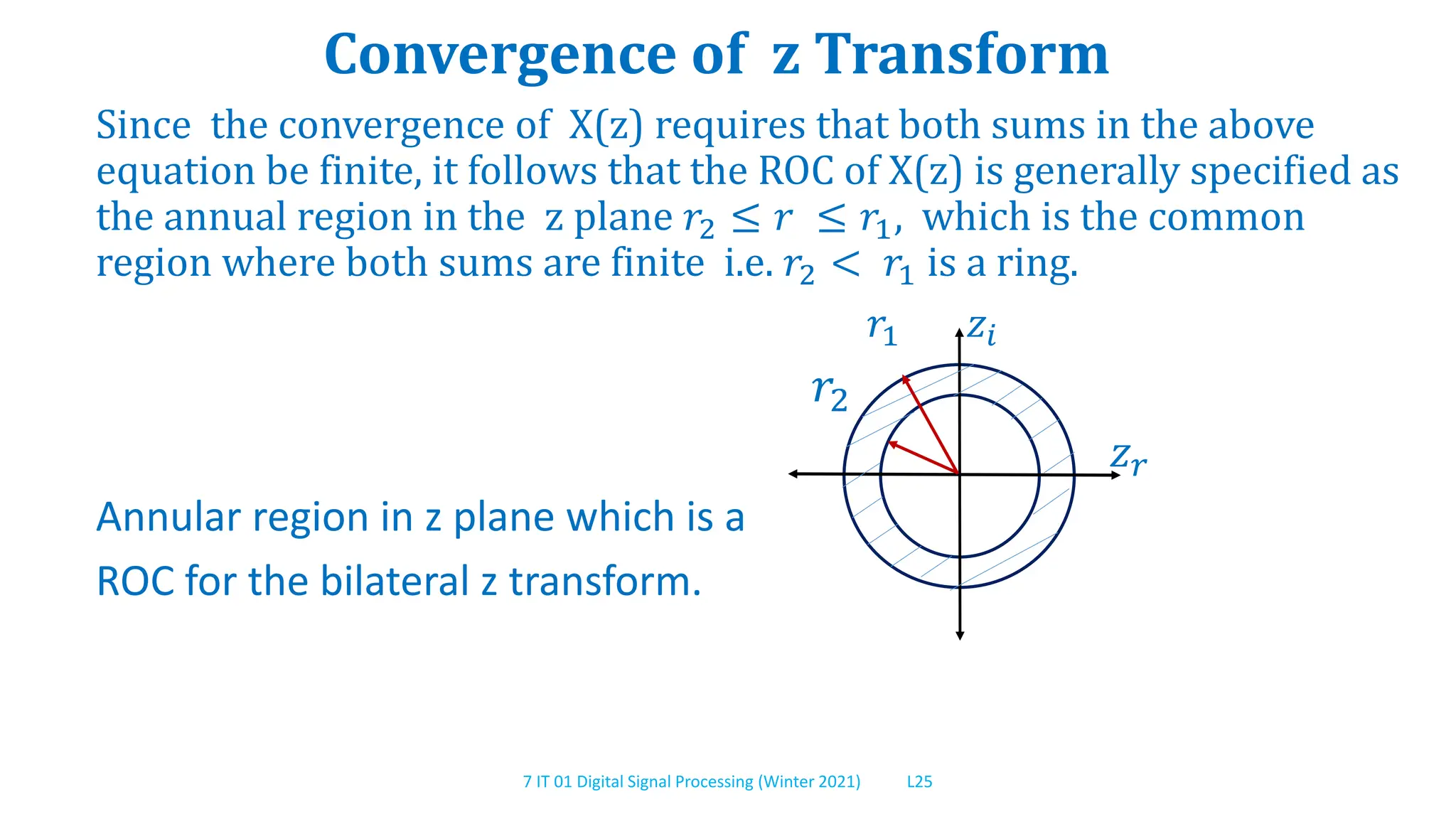 7 IT 01 Digital Signal Processing (Winter 2021) L25
Convergence of z Transform
Since the convergence of X(z) requires that both sums in the above
equation be finite, it follows that the ROC of X(z) is generally specified as
the annual region in the z plane 𝑟2 ≤ 𝑟 ≤ 𝑟1, which is the common
region where both sums are finite i.e. 𝑟2 < 𝑟1 is a ring.
𝑟1 𝑧𝑖
𝑟2
𝑧𝑟
Annular region in z plane which is a
ROC for the bilateral z transform.
 