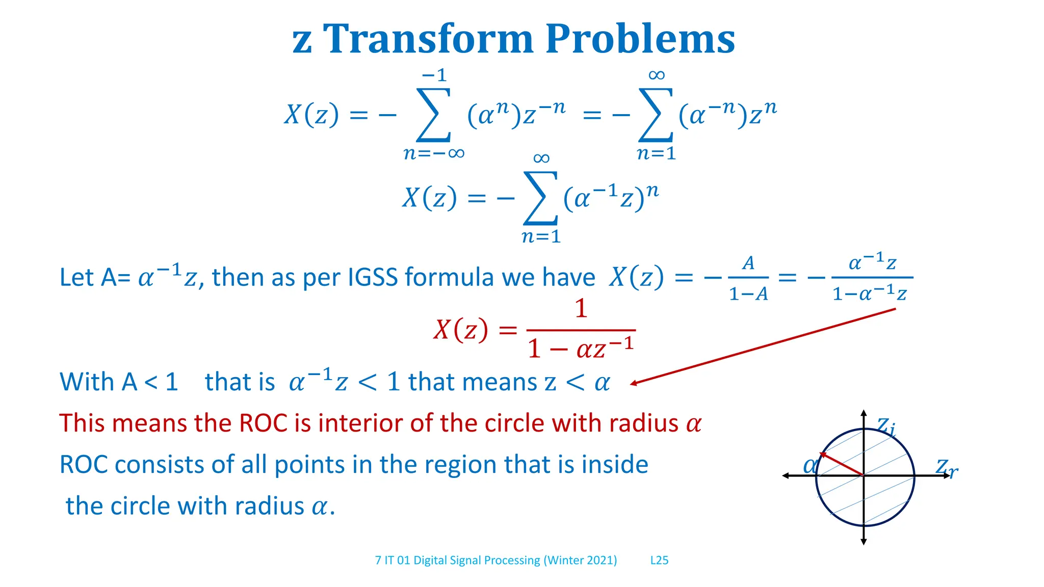 7 IT 01 Digital Signal Processing (Winter 2021) L25
z Transform Problems
𝑋 𝑧 = −
𝑛=−∞
−1
(𝛼𝑛
)𝑧−𝑛
= −
𝑛=1
∞
(𝛼−𝑛
)𝑧𝑛
𝑋 𝑧 = −
𝑛=1
∞
(𝛼−1
𝑧)𝑛
Let A= 𝛼−1𝑧, then as per IGSS formula we have 𝑋 𝑧 = −
𝐴
1−𝐴
= −
𝛼−1𝑧
1−𝛼−1𝑧
𝑋 𝑧 =
1
1 − 𝛼𝑧−1
With A < 1 that is 𝛼−1
𝑧 < 1 that means z < 𝛼
This means the ROC is interior of the circle with radius 𝛼 𝑧𝑖
ROC consists of all points in the region that is inside 𝛼 𝑧𝑟
the circle with radius 𝛼.
 