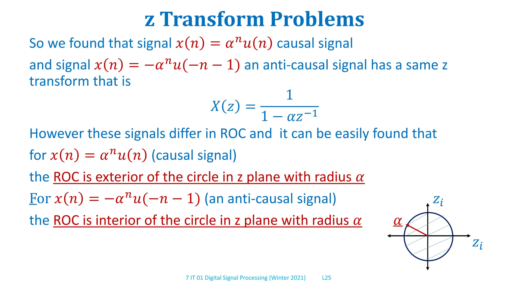 7 IT 01 Digital Signal Processing (Winter 2021) L25
z Transform Problems
So we found that signal 𝑥 𝑛 = 𝛼𝑛
𝑢 𝑛 causal signal
and signal 𝑥 𝑛 = −𝛼𝑛𝑢(−𝑛 − 1) an anti-causal signal has a same z
transform that is
𝑋 𝑧 =
1
1 − 𝛼𝑧−1
However these signals differ in ROC and it can be easily found that
for 𝑥 𝑛 = 𝛼𝑛𝑢 𝑛 (causal signal)
the ROC is exterior of the circle in z plane with radius 𝛼
For 𝑥 𝑛 = −𝛼𝑛𝑢(−𝑛 − 1) (an anti-causal signal) 𝑧𝑖
the ROC is interior of the circle in z plane with radius 𝛼 𝛼
𝑧𝑖
 