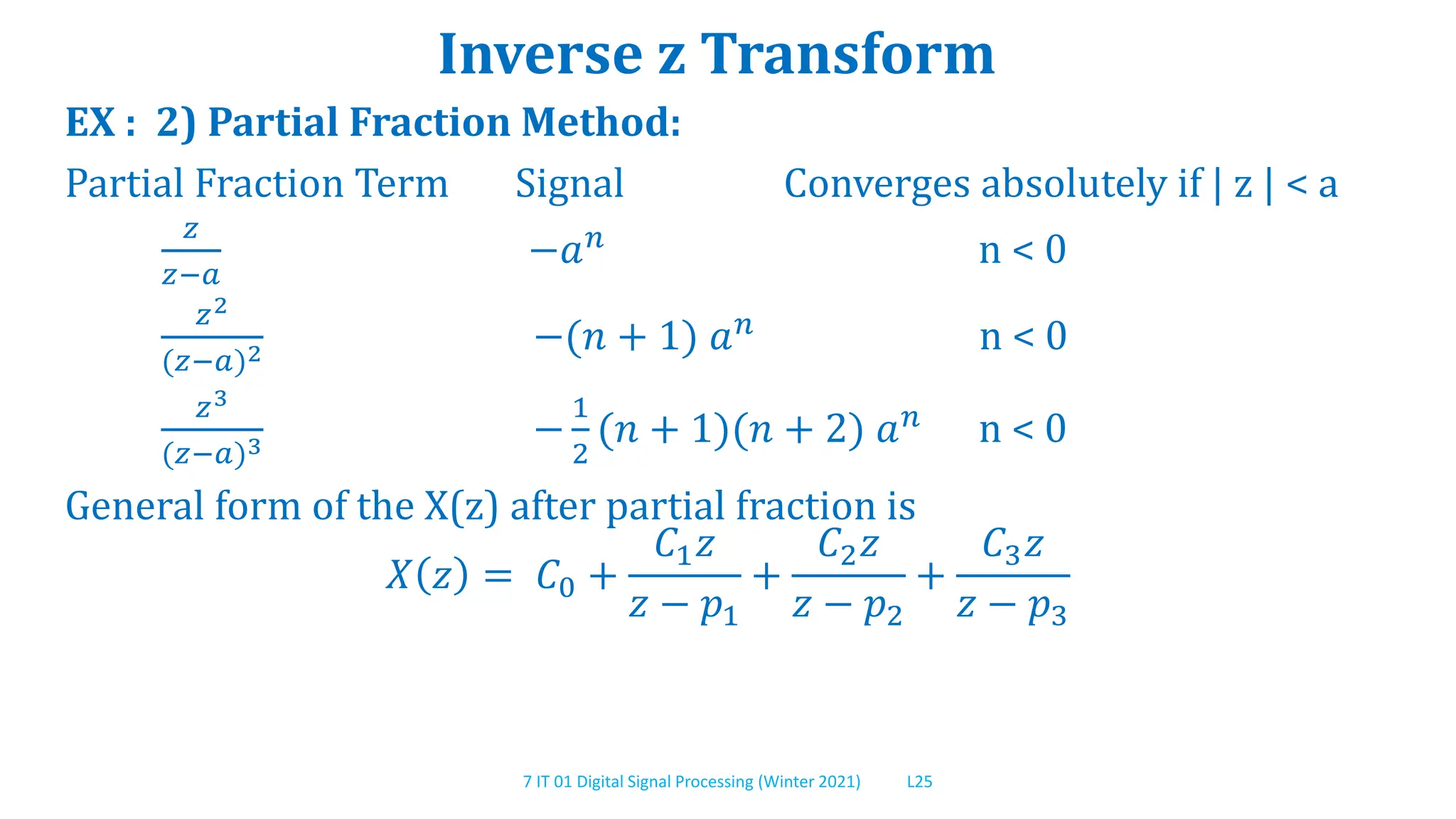 7 IT 01 Digital Signal Processing (Winter 2021) L25
Inverse z Transform
EX : 2) Partial Fraction Method:
Partial Fraction Term Signal Converges absolutely if | z | < a
𝑧
𝑧−𝑎
−𝑎𝑛 n < 0
𝑧2
(𝑧−𝑎)2 −(𝑛 + 1) 𝑎𝑛
n < 0
𝑧3
(𝑧−𝑎)3 −
1
2
(𝑛 + 1)(𝑛 + 2) 𝑎𝑛 n < 0
General form of the X(z) after partial fraction is
𝑋 𝑧 = 𝐶0 +
𝐶1𝑧
𝑧 − 𝑝1
+
𝐶2𝑧
𝑧 − 𝑝2
+
𝐶3𝑧
𝑧 − 𝑝3
 