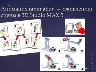Анимация (animation — оживление)Анимация (animation — оживление)
сцены в 3D Studio MAX 5сцены в 3D Studio MAX 5
26
СС
оо
дд
ее
рр
жж
аа
нн
ии
ее
 
