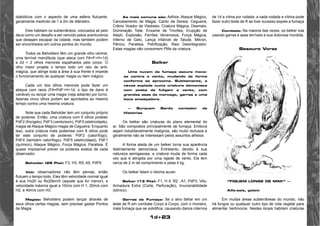 1d+23 
diabólicos com o aspecto de uma esfera flutuante, 
geralmente medindo de 1 a 2m de diâmetro. 
Eles habitam os subterrâneos, colocados ali pelo 
deus como um desafio a ser vencido pelos aventureiros 
que desejam escapar da cidade, mas também podem 
ser encontrados em outros pontos do mundo. 
Todos os Beholders têm um grande olho central, 
uma terrível mandíbula (que ataca com FA=F+H+1d) 
e 2d + 2 olhos menores espalhados pelo corpo. O 
olho maior projeta o tempo todo um raio de anti-mágica, 
que atinge toda a área à sua frente e impede 
o funcionamento de qualquer magia ou item mágico. 
Cada um dos olhos menores pode fazer um 
ataque com raios (FA=PdF+H+1d; o tipo de dano é 
variável) ou lançar uma magia (veja adiante) por turno. 
Apenas cinco olhos podem ser apontados ao mesmo 
tempo contra uma mesma criatura. 
Note que cada Beholder tem um conjunto próprio 
de poderes. Então, uma criatura com 5 olhos podeter 
PdF2 (frio/gelo), PdF3 (vento/som), PdF5 (eletricidade), 
magia de Ataque Mágico magia de Cegueira. Enquanto 
isso, outra criatura mais poderosa com 8 olhos pode 
ter este conjunto de poderes: PdF2 (calor/fogo), 
PdF4 (também calor/fogo), PdF5 (eletricidaed), PdF1 
(químico), Ataque Mágico, Força Mágica, Paralisia. É 
quase impossível prever os poderes exatos de cada 
observador. 
Beholder (25 Pts): F3, H3, R5, A5, PdF6 
Voô: observadores não têm pernas, então 
flutuam o tempo todo. Eles têm velocidade normal igual 
à sua Hx20 ou Rx20km/h (aquele que for menor), e 
velocidade máxima igual a 10m/s com H 1, 20m/s com 
H2, e 40m/s com H3. 
Magias: Beholders podem lançar através de 
seus olhos certas magias, sem precisar gastar Pontos 
de Magia. 
As mais comuns são: Asfixia, Ataque Mágico, 
Cancelamento de Magia, Canto da Sereia, Cegueira, 
Crânio Voador de Vladislav, Criatura Mágica, Desmaio, 
Dominação Total, Enxame de Trovões, Erupção de 
Aleph, Explosão, Ferrões Venenosos, Força Mágica, 
Inferno de Gelo, Lança Infalível de Talude, Mikron, 
Pânico, Paralisia, Petrificação, Raio Desintegrador. 
Estas magias não consomem PMs da criatura. 
Belker 
Uma nuvem de fumaça escura move-se 
contra o vento, mudando de forma 
conforme se aproxima. Subitamente, a 
névoa explode numa criatura demoníaca 
com posta de fuligem e vento, com 
grandes asas de morcego, garras e uma 
boca ameaçadora. 
— Burquem Bardo contador de 
Histórias 
Os belker são criaturas do plano elemental do 
ar. São compostos principalmente de fumaça. Embora 
sejam indubitavelmente malignos, são muito reclusos e 
geralmente não se interessam pelos assuntos alheios. 
A forma alada de um belker torna sua aparência 
distintamente demoníaca. Entretanto, devido à sua 
natureza semigasosa, a criatura muda de forma cada 
vez que é atingida por uma rajada de vento. Ela tem 
cerca de 2 m de comprimento e pesa 4 kg. 
Os belker falam o idioma auran. 
Belker (13 Pts): F1, H 4, R2 , A1, PdF0, Vôo, 
Armadura Extra (Corte, Perfuração), Invunerabilidade 
(sônico). 
Garras de Fumaça: Se o alvo falhar em um 
teste de R em combate Corpo à Corpo, com o monstro, 
inala fumaça que se solidifica, causando danos internos 
de 1d a vítma por rodada, a cada rodada a vítima pode 
fazer outro teste de R se tiver sucesso expele a fumaça 
Combate: Na maioria das vezes, os belker luta 
usando garras e asas terríveis e sua dolorosa mordida. 
Besouro Voraz 
“FIQUEM LONGE DE MIM!” — 
Alfa-seis, golem 
Em muitas áreas subterrâneas do mundo, não 
há fungos ou qualquer outro tipo de vida vegetal para 
alimentar herbívoros. Nestes locais habitam criaturas 
 