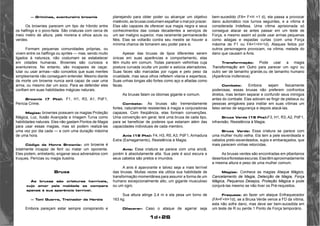 1d+26 
— Griminas, aventureiro brownie 
Os brownies parecem um tipo de híbrido entre 
os halfings e o povo-fada. São criaturas com cerca de 
meio metro de altura, pele morena e olhos azuis ou 
verdes. 
Formam pequenas comunidades próprias, ou 
vivem entre os halflings ou sprites — mas, sendo muito 
ligados à natureza, não costumam se estabelecer 
em cidades humanas. Brownies são curiosos e 
aventureiros. No entanto, são incapazes de caçar, 
lutar ou usar armas—são conceitos que suas mentes 
simplesmente não conseguem entender. Mesmo diante 
da morte um brownie nunca será capaz de usar uma 
arma, ou mesmo dar um soco. Para se defender eles 
confiam em suas habilidades mágicas naturais. 
Brownie (7 Pts): F1, H1, R3, A1, PdF1, 
Perícia Crime. 
Magias: brownies possuem os magias Proteção 
Mágica, Luz, Ilusão Avançada e Imagem Turva como 
habilidades naturais. Eles não gastam Pontos de Magia 
para usar essas magias, mas só podem realizá-las 
uma vez por dia cada — e com uma duração máxima 
de uma hora. 
Código de Honra Brownie: um brownie é 
totalmente incapaz de ferir ou matar um oponente. 
Eles podem, entretanto, enganar seus adversários com 
truques, Perícias ou magia ilusória. 
Bruxa 
As bruxas são criaturas horríveis, 
cujo amor pela maldade se compara 
apenas à sua aparência terrível. 
— Toni Guerra, Treinador de Heróis 
Embora pareçam estar sempre conspirando e 
planejando para obter poder ou alcançar um objetivo 
malévolo, as bruxas costumam espalhar o mal por prazer. 
Elas são capazes de oferecer sua magia negra e seus 
conhecimentos das coisas decadentes a serviços de 
um ser maligno superior, mas raramente permanecerão 
fiéis. Elas se voltarão contra seu mestre se houver a 
mínima chance de tomarem seu poder para si. 
Apesar das bruxas de tipos diferentes serem 
únicas em suas aparências e comportamento, elas 
têm muito em comum. Todas parecem velhinhas cuja 
postura curvada oculta um poder e astúcia aterradores. 
Suas faces são marcadas por rugas e pelo peso da 
crueldade, mas seus olhos refletem vilania e esperteza. 
Suas unhas longas são fortes como aço e afiadas como 
facas. 
As bruxas falam os idiomas gigante e comum. 
Combate: As bruxas são tremendamente 
fortes, naturalmente resistentes à magia e conjuradoras 
capazes. Com freqüência, elas formam convenções. 
Uma convenção em geral, terá uma bruxa de cada tipo, 
para se beneficiar de poderes que estariam além das 
capacidades individuais de cada membro. 
Anis (19 Pts): F4, H3, R5, A3, PdF1, Armadura 
Extra (Esmagamento), Resistência à Magia. 
Anis: Essa criatura se parece com uma anciã, 
porém é absolutamente alta. Sua pele é azul escura e 
seus cabelos são pretos e imundos. 
A anis é apavorante e talvez seja a mais terrível 
das bruxas. Muitas vezes ela utiliza sua habilidade de 
transformação momentânea para assumir a forma de um 
humano excepcionalmente alto, um gigante musculoso 
ou um ogro. 
Sua altura atinge 2,4 m e ela pesa um torno de 
163 kg. 
Dilacerar: Caso o ataque de agarrar seja 
bem-sucedido (FA= F+H +1 d), ela passa a provocar 
dano automático nos turnos seguintes, e a vítima é 
considerada Indefesa. Uma vítima aprisionada só 
consegue atacar se antes passar em um teste de 
Força, e mesmo assim só pode usar armas pequenas 
como adagas e espadas curtas (com uma Força 
máxima de F1 ou FA=1+H+1d). Ataques feitos por 
outros personagens provocam, na vítima, metade do 
dano que causam a Anis. 
Transformação: Pode usar a magia 
Transformação em Outro para parecer um ogro ou 
outro ser de tamanho grande,ou de tamanho humano 
(Aparência inofensiva) 
Combate: Embora sejam fisicamente 
poderosas, essas bruxas não preferem confrontos 
diretos, mas tentam separar e confundir seus inimigos 
antes do combate. Elas adoram se fingir de plebeus ou 
pessoas amigáveis para instilar em suas vítimas um 
falso senso de segurança e depois atacá-las. 
Bruxa Verde (15 Pts):F3, H1, R3, A2, PdF1, 
infravisão, Resistência à Magia. 
Bruxa Verde: Essa criatura se parece com 
uma mulher muito velha. Ela tem a pele esverdeada e 
cabelos preto-esverdeados, sujos e embaraçados, que 
mais parecem vinhas retorcidas. 
As bruxas verdes são encontradas em p6antanos 
desertos e florestas escuras. Elas têm aproximadamente 
a mesma altura e peso de uma mulher comum. 
Magias: Conhece as magias Ataque Mágico, 
Cancelamento de Magia, Detecção de Magia, Força 
Mágica, Pequenos Desejos, Proteção Mágica e pode 
conjurá-las mesmo se não tiver os Pré-requisitos. 
Fraqueza: ao fazer um ataque Enfraquecedor 
(FA=F+H+1d), se a Bruxa Verde vence a FD da vítima, 
esta não sofre dano, mas deve ser bem-sucedida em 
um teste de R ou perde 1 Ponto de Força temporário. 
 