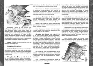 1d+66 
Combate: Devido à sua extrema auto-confiança, 
os dragões vermelhos raramente avaliam 
seus oponentes durante muito tempo. Depois de 
identificar um alvo, eles decidem rapidamente se devem 
ou não atacar, usando uma das diversas estratégias 
preparadas com antecedência. O dragão vermelho 
sempre aterrissa para atacar as criaturas mais fracas 
com suas garras e mordidas em vez de incinerá-las 
com seu sopro, na esperança de evitar a destruição de 
qualquer tesouro que elas estejam carregando. 
Sopro: O dragão vermelho possui um único tipo 
de sopro, um cone de fogo. 
Dragões Metálicos 
Os Dragões Metálicos constituem o ramo bondoso 
da sociedade dragônica, mas serão tão agressivos 
quanto seus parentes malignos quando desafiados ou 
ameaçados. Eles constumam também ser orgulhosos 
e gananciosos. 
Dragão de Bronze (43 Pts): F8, 
H5, R6, A6, PdF7 (Elétrico), Arcano. Invulnerável a 
ataques baseados em Magia Elemental, fogo natural 
ou mágico. Possui uma carapaça reforçada e ondulada 
estendendo-se da altura dos olhos a das maçãs do 
rosto. As ondulações terminam em chifres curvos. 
São curiosos e divertem-se transformando-se 
em pequenos animais amigáveis para observar os 
aventureiros. São fascinados pela arte da guerra e se 
unem com entusiasmo aos exércitos que lutam contra 
uma causa justa, e uma ótima recompensa. 
Combate: Os dragões de Bronze, detestam 
matar animais e farão o possível para suborná-los ou 
força-los magicamente. Eles usarão telepatia para 
detectar as reais intenções das criaturas inteligentes. 
Sopro: Os dragões de Bronze possuem dois 
tipos de sopro: uma linha de eletricidade e um cone de 
Gás da Repulsão (Abaixo). 
Gás Repulsivo: Funciona como a vantagem 
Paralisia, mas ao invés do alvo ficar paralisado ele deve 
fugir do dragão por 1d6 rodadas. 
Dragão de Cobre (44 Pts): F7, H6, 
R7, A6, PdF7 (Químico: Ácido), Arcano. Invulnerável a 
ataques baseados em Magia Elemental, fogo natural 
ou mágico. O dragão possui coxas e ombros enormes, 
com um rosto curto e carapaças largas e lisas sobre 
os olhos. Chifres compridos e achatados estendem-se 
a partir dessa carapaça numa série de segmentos 
sobrepostos. A criatura também ostenta protuberância 
malares voltadas para trás e dois conjuntos de cartilagem 
ornamental na parte inferior envolvem o pescoço, a 
partir de queixo. O dragão exala um odor pungente, e 
suas escamas avermelhadas têm um brilho metálico. 
Os dragões de cobre são pregadores de peças, 
piadistas e charadistas incorrigíveis. A maioria tem 
temperamento jovial, mas também um lado ganancioso 
e mesquinho. Eles são especialistas em saltos e 
escaladas. 
Após o nascimento, as escamas do dragão de 
cobre possuem uma coloração marrom escura, com 
tons metálicos. Conforme o dragão envelhece, suas 
escamas se tornam mais refinadas e acobreadas, 
assumindo um brilho suave e quente no inicio da idade 
adulta. As escamas dos dragões de cobre muito velhos 
assumem uma tonalidade esverdeada. As pupilas 
destas criaturas desbotam com a idade e os olhos dos 
grandes anciões se assemelham a brilhantes orbes 
azul-turquesa. 
Os dragões de cobre gostam de lugares elevados, 
secos e rochosos. Eles estabelecem seus covis em 
cavernas estreitas, muitas vezes bloqueando. Eles 
estabelecem seus covis em cavernas estreitas, muitas 
vezes bloqueando as entradas. Dentro de seus covis, 
eles constroem complexos labirintos sem teto, para 
que possam voar ou saltar sobre os intrusos. 
Os dragões de cobre são caçadores determinados 
e consideram o esporte tão importante quanto o 
alimento que ele proporciona. Sabe-se que eles comem 
qualquer tipo de coisa, inclusive minérios metálicos. 
Contudo, seus alimentos prediletos são escorpiões 
gigantes e outras criaturas venenosas (dizem que o 
veneno aprimora seu raciocínio). 
Como também habitam as colinas, muitas 
vezes ocupadas por dragões vermelhos, os conflitos 
entre essas espécies são inevitáveis. Geralmente, os 
 