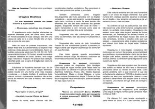 1d+69 
Gás da Paralisia: Funciona como a vantagem 
Paralisia. 
Dragões Bicéfalos 
“O que acontece quando um poder 
máximo é duplicado?” 
— Bluescape, estudioso dos dragões 
O acasalamento entre dragões elementais de 
espécies diferentes pode, em casos raros, resultar 
em monstruosidades de duas cabeças. Eles têm uma 
cabeça de cada cor e o corpo listrado feito um tigre, 
com as cores de seus pais. 
Além de todos os poderes draconianos, uma 
destas feras terá as Características da espécie mais 
poderosa e todas as suas invulnerabilidades. Assim, um 
bicéfalo preto/verde adulto terá F4, H5, R5, A5, PdF6 
(veneno/ácido),Arcano (30 Pontos), e será Invulnerável 
a ataques baseados em ácido, veneno, terra magia 
negra, naturais ou mágicos. Por possuir duas cabeças, 
o bicéfalo pode usar o sopro de dragão duas vezes na 
mesma rodada. 
Estudiosos da Academia teorizam que, se um 
bicéfalo se acasalar com outro dragão elemental, 
poderá resultar em uma forma ainda mais macabra 
e poderosa — o dragão tricéfalo. A existência desta 
criatura, contudo, é puramente hipotética: não se tem 
notícia de nenhuma em toda a história, nem mesmo 
em lendas... 
Dragonete 
“Apareçam e lutem, droga!” 
—Hardfail, Imortal (Feito de Bobo) 
Apesar do nome, estas criaturas não são 
consideradas dragões verdadeiros. Seu parentesco é 
muito mais próximo dos sprites, o povo-fada. 
Também conhecidos como dragões-fada, 
dragonetes são muito parecidos com os dragões 
verdadeiros — exceto pelo tamanho: nunca ultrapassam 
meio metro, incluindo a cauda. As asas também são 
diferentes; em vez das asas coriáceas dos grandes 
dragões, dragonetes sempre têm asas de inseto — 
sejam translúcidas e com nervuras como asas de 
libélula, sejam coloridas feito as de borboletas. 
Dragonetes não são subdivididos por cores, 
como os elementais; eles são sempre multicoloridos e 
brilhantes. 
Dragonetes são, acima de tudo, brincalhões. 
Gostam de usar Invisibilidade (quando a possuem) ou 
magia ilusória para enganar aqueles que se aventuram 
em suas florestas. 
Eles lutam apenas quando encurralados, 
preferindo sempre a fuga. Na natureza, costumam ser 
encontrados em bandos de até 2d indivíduos. 
Dragonete (4 pontos): personagens 
jogadores podem ser dragonetes. Esta Vantagem 
Única segue as regras normais para Fadas vistas no 
Manual 3D&T. Ela oferece H+1 (até um máximo de H5), 
Aparência Inofensiva, Arcano, Vôo, Modelo Especial, 
Vulnerabilidade: Magia e Armas Mágicas, e nunca 
podem comprar Resistência à Magia. O Poder de Fogo 
de um dragonete é sua arma de sopro: pode ser baseado 
em fogo, água, luz ou ar. 
Dragotauro 
“Como se atrevem? Como OUSAM 
trazer esta aberração, este ser repugante 
à minha presença?! MORTE A TODOS 
VOCÊS!” 
— Belariam, Dragoa 
Esta criatura raríssima tem um torso humanóide 
ligado a um corpo de dragão elemental. Sua parte 
humana tem a cabeça sauróide, escamas e coloração 
de um dragão, e seu tamanho corresponde ao de um 
centauro comum, mas com asas. 
Ao contrário do que se pode pensar, tais seres 
não nascem da união entre humanos e dragões (estes 
seriam, na verdade, meio-dragões). Dragotauros não 
existem como raça; eles surgem apenas de formas 
antinaturais, por intervenção de deuses furiosos, ou 
como experimentos de magos loucos. São seres de 
vida conturbada, temidos e odiados onde quer que 
estejam — especialmente pêlos dragões verdadeiros, 
que odeiam com todas as forças estas “criaturas 
repulsivas”. 
Dragotauros e meio-dragões verdadeiros têm 
muito pouco em comum. Na verdade, a única habilidade 
que partilham é Invulnerabilidade a certo tipo de dano: 
frio/gelo (não ambas; apenas uma) para dragotauro 
brancos; elétrico ou vento/som para dragotauros azuis, 
e assim por diante. 
Dragotauros têm asas e podem voar. No entanto, 
eles sofrem os efeitos de Má Fama e Monstruoso, 
provocando temor ou revolta em toda parte. Outro 
grande problema com o qual convivem é que são 
profundamente odiados por TODOS os dragões, sendo 
caçados por eles com regularidade. Mesmo o mais 
paciente e benevolente dos dragões daria à criatura, 
no máximo, uma chance de fugir antes de começar a 
perseguição... 
Dragotauro (4 pontos): personagens 
jogadores podem ser dragotauros. Esta Vantagem 
Única segue as regras normais para Centauros vistas 
no Manual 3D&T. 
Ela oferece F+1 para tarefas envolvendo a 
parte inferior do corpo; H + 1 para corridas, fugas e 
 