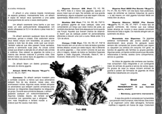1d+86 
e a outra, minúscula. 
O athach é uma criatura bípede monstruosa 
de aspecto grotesco. Imensamente forte, um athach 
é capaz de reduzir seus oponentes a uma pasta 
ensangüentada de carne e ossos destroçados. 
Um athach raramente toma banho e por isso 
exala um odor particularmente desagradável. Um 
adulto ultrapassa os 5,5 m de altura e pesa mais de 2 
toneladas. 
Os athach apreciam quaisquer tipos de pedras 
preciosas, gemas e cristais. Eles costumam adorar 
seus dedos roliços com braceletes, os pulsos com 
colares e todo tipo de jóias, onde quer que sirvam. 
Também sabe-se que eles passam horas sentados, 
polindo e admirando suas jóias. As únicas outras 
coisas que atraem a atenção de um athach são comida 
e violência. Eles odeiam os gigantes da colina e a 
maioria das demais criaturas à primeira vista. Eles 
temem todos os outros tipos de gigantes e a maioria 
das demais criaturas enormes. 
Os athach falam um dialeto grosseiro, 
derivado do idioma gigante. 
Athach (245 Pts Escala “Sugoi”): 
F2, H1, R3, A1, PdF1 
Combate: Os athach sempre investem para 
o combate corporal, a menos que seus adversários 
estejam fora de seu alcance; nesse caso, eles 
arremessam rochas. Algumas vezes, tentam atropelar 
os adversários que estejam usando armaduras para 
alcançar os integrantes desprotegidos na retaguarda 
do grupo. Durante seus primeiros ataques, o athach 
golpeará qualquer um indiscriminadamente. 
Algumas rodadas depois, ele tentará se 
concentrar nos oponentes que o atingiram 
com mais freqüência e tentará morder a 
criatura que lhe causou mais dano. 
Gigante Comum (25 Pts): F6, H3, R6, 
A3, PdF5. Este é o menor dos gigantes, apenas um 
pouco maior que um ogre. Na verdade, por sua grande 
semelhança, alguns suspeitam que eles sejam criaturas 
aparentadas. Mede entre 3 e 4m de altura. . 
Bicéfalo (64 Pts): F14, H4, R8, A6, PdF10. 
Um grotesco gigante de duas cabeças, cada uma 
comandando um braço (por esse motivo ele pode, ao 
contrário dos demais, fazer dois ataques por turno quando 
usa Força). Aqueles que tiveram chance de observá-lo 
dizem que as cabeças podem ter personalidades 
diferentes e discutir uma com a outra. Mede entre 10 e 
12m de altura. 
Ciclope (136 Pts): F22, H4, R9, A7, PdF18 
Este monstro tem um só olho no meio da testa e grandes 
dentes afiados; exceto por estes traços, não é diferente 
de outros gigantes — mas correm rumores de que seu 
olho é mágico, dotado de todos os Sentidos Especiais 
ligados à visão (Aguçada, Infravisão, Raios-X, Ver o 
Invisível). Mede entre 15 e 20m de altura. . 
Gigante Real (900 Pts Escala “Sugoi”): 
F4, H1, R4, A3, PdF4. Um dos tipos mais poderosos, 
capaz de enfrentar as maiores máquinas de guerra 
— e até mesmo um robô gigante futurista! Mede em 
média 50m de altura. 
Gigante Máximo (2000 Pts Escala 
“Sugoi”): F6, H1, R6, A7, PdF7. O maior tipo de 
gigante conhecido, tão imenso que sua cabeça 
quase alcança as nuvens e seus passos provocam 
tremores em toda a região. Os maiores atingem até um 
quilómetro de altura. 
Sociedade dos Gigantes: Os gigantes 
solitários normalmente são jovens adultos que 
abandonaram seus grupos. As gangues quase 
sempre são composta por jovens adultos que caçam 
ou saqueiam (ou ambos) em conjunto. Em geral, os 
bandos de gigantes são famílias ou grupos grandes. 
Algumas vezes, um bando contém jovens que não estão 
relacionados à família, aceitos como companheiros, 
servos ou guardas. 
As tribos de gigantes são similares aos bandos, 
mas comportam mais integrantes e um contingente 
maior de animais de guarda e servos de outras raças. 
Os grupos de caça ou saque incluem animais de 
guarda e podem ser formados de gigantes de tribos 
diferentes trabalhando em conjunto. 
Gnoll 
“Ha?! Então eles SE 
RENDERAM?! O que fazemos 
agora, chefe?” 
— Sandway, guerreiro mercenário 
A raça dos gnolls é composta por humanóides 
que parecem meio humanos, meio hienas. Eles vivem 
e se organizam como cães selvagens, formando 
matilhas e vagando em busca de caça. Costumam 
 
