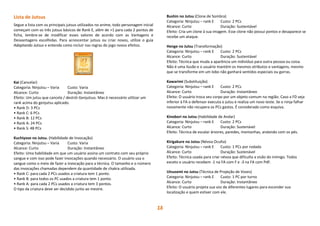 18
Lista de Jutsus
Segue a lista com os principais jutsus utilizados no anime, todo personagem inicial
começam com os três jutsus básicos de Rank E, além de +1 para cada 2 pontos de
ficha, lembre-se de modificar esses valores de acordo com as Vantagens e
Desvantagens escolhidas. Para acrescentar jutsus ou criar novos, utilize o guia
Adaptando Jutsus e entenda como incluir nas regras do jogo novos efeitos.
Kai (Cancelar)
Categoria: Ninjutsu – Varia Custo: Varia
Alcance: Curto Duração: Instantâneo
Efeito: Um jutsu que cancela / destrói Genjutsus. Mas é necessário utilizar um
rank acima do genjutsu aplicado.
• Rank D: 3 PCs
• Rank C: 6 PCs
• Rank B: 12 PCs
• Rank A: 24 PCs
• Rank S: 48 PCs
Kuchiyose no Jutsu. (Habilidade de Invocação)
Categoria: Ninjutsu – Varia Custo: Varia
Alcance: Curto Duração: Instantâneo
Efeito: Uma habilidade em que um usuário assina um contrato com seu próprio
sangue e com isso pode fazer invocações quando necessário. O usuário usa o
sangue como o meio de fazer a invocação para a técnica. O tamanho e o número
das invocações chamadas dependem da quantidade de chakra utilizada.
• Rank C: para cada 2 PCs usados a criatura tem 1 ponto.
• Rank B: para todos os PC usados a criatura tem 1 ponto.
• Rank A: para cada 2 PCs usados a criatura tem 3 pontos.
O tipo da criatura deve ser decidido junto ao mestre.
Bushin no Jutsu (Clone de Sombra)
Categoria: Ninjutsu – rank E Custo: 2 PCs
Alcance: Curto Duração: Sustentável
Efeito: Cria um clone à sua imagem. Esse clone não possui pontos e desaparece se
recebe um ataque.
Henge no Jutsu (Transformação)
Categoria: Ninjutsu – rank E Custo: 2 PCs
Alcance: Curto Duração: Sustentável
Efeito: Técnica que muda a aparência um indivíduo para outra pessoa ou coisa.
Não é uma ilusão e o usuário mantém os mesmos atributos e vantagens, mesmo
que se transforme em um lobo não ganhará sentidos especiais ou garras.
Kawarimi (Substituição)
Categoria: Ninjutsu – rank E Custo: 2 PCs
Alcance: Curto Duração: Instantâneo
Efeito: O usuário troca seu corpo por um objeto comum na região. Caso a FD seja
inferior à FA o defensor executa o jutsu e realiza um novo teste. Se o ninja falhar
novamente não recupera os PCs gastos. É considerado como esquiva.
Kinobori no Jutsu (Habilidade de Andar)
Categoria: Ninjutsu – rank E Custo: 2 PCs
Alcance: Curto Duração: Sustenável
Efeito: Técnica de escalar árvores, paredes, montanhas, andando com os pés.
Kirigakure no Jutsu (Névoa Oculta)
Categoria: Ninjutsu – rank E Custo: 1 PCs por rodada
Alcance: Curto Duração: Sustenável
Efeito: Técnica usada para criar névoa que dificulta a visão do inimigo. Todos
exceto o usuário recebem -1 na FA com F e -3 na FA com PdF.
Utsusemi no Jutsu (Técnica de Projeção de Vozes)
Categoria: Ninjutsu – rank E Custo: 1 PC por turno
Alcance: Curto Duração: Instantâneo
Efeito: O usuário projeta sua voz de diferentes lugares para esconder sua
localização e quem estiver com ele.
 