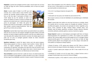 4
Adaptador (1 ponto) Esta vantagem permite mudar o tipo de dano de sua Força
ou Poder de Fogo sem sofrer nenhuma penalidade, como se fosse seu próprio
dano inicial.
Aliado (1 ponto cada) O Aliado é um NPC que você
controla, mas o mestre pode às vezes interferir nesse
controle, por exemplo, quando acreditar que o Aliado
faria ou não faria algo. A pontuação do Aliado é um
“nível” abaixo da sua. Por exemplo, se você é um
Shunin, seu Aliado é um Genin. Se quiser um Aliado mais
poderoso, ele custará mais caro: 1 ponto extra para cada
ponto de personagem. Um Aliado não ganha PEs.
Quando você evolui seu personagem, a pontuação total
dele também aumenta proporcionalmente. Você não
ganha PEs por vitórias de seu Aliado.
Alquimista (1 ponto) Sabe traçar kanjis secretos que potencializam seus poderes.
Antes de usar um jutsu (ou usar qualquer vantagem que gaste chakra), você pode
desenhar um kanji em alguma superfície próxima o que leva uma rodada inteira e
você não pode sofrer qualquer dano durante o processo. Na rodada seguinte você
pode usar um jutsu ou vantagem gastando metade do chakra necessário
(arredonde para cima).
Aparência Inofensiva (1 ponto) Por algum motivo você não parece perigoso.
Talvez pareça pequeno ou fraco ou covarde. Você escolhe o motivo. Além de
entrar em lugares protegidos sem levantar suspeitas, o personagem vai
surpreender seu oponente, você ganha uma ação extra antes do primeiro turno
de um combate. Essa vantagem não engana duas vezes a mesma pessoa. Você
não pode ter Aparência Inofensiva e ser Monstruoso ao mesmo tempo.
Área de Batalha (2 pontos) Você tem o poder de invocar uma determinada área,
seja um estomago de sapo gigante ou pilares de pedra ao seu redor. O tamanho
da área é igual à sua Habilidade, sendo de 1 (corpo a corpo) à 5 (alcance da visão).
Ativar a Área de Batalha custa 2 PCs. Mantê-la custam 2
PCs por turno. A Área pode ter um destes três efeitos,
que você escolhe no momento do uso:
• H+1, A+2. E usa Ataques Especiais sem gastar PCs.
• F+2, A+2.
• Você pode usar seus jutsus com metade do custo normal em PCs.
Para escapar é preciso um teste de Habilidade com penalidade igual a Habilidade
do invocador.
Arena (1 ponto) Sabe lutar melhor em certo tipo de terreno ou condição. Ganha
H+2 quando está em sua Arena, apenas em situações de combate. A Arena é
escolhida pelo jogador, mas sempre com aprovação do mestre. Sugestões: praia,
barcos, chuva, superfície da água, embaixo d’água, combate aéreo, ruas,
telhados, topo de prédios, aposentos, corredores, escadas, desertos, florestas,
montanhas, pântanos, planícies, geleiras, cavernas, masmorras, esgotos.
Ataque Especial (1 ponto ou mais) Qualquer personagem pode fazer um Ataque
Especial gastando 1 PC e ganhando F+1 ou PdF+1. Isto é apenas uma manobra
especial; não é preciso pagar pontos de personagem por ela. A vantagem Ataque
Especial permite gastar 1 PC e aumentar em +2 sua Força ou Poder de Fogo
(escolha quando adquirir esta vantagem) para um único ataque. Você pode dar
mais poderes ou fraquezas ao Ataque Especial:
• Amplo (+2 pontos, +2 PC): apenas para ataques com PdF. Todas as criaturas
dentro do alcance de ataque à distância são atingidas, com direito a esquiva.
• Lento (–1 ponto): apenas para ataques com PdF. O alvo recebe H+2 em sua
esquiva.
• Paralisante (+1 ponto): em vez de causar dano, o ataque funciona como a
vantagem Paralisia (pelo custo normal em Pontos de Magia).
• Penetrante (+1 ponto, +1 PC): impõe A–1 contra o alvo em sua Força de Defesa.
 