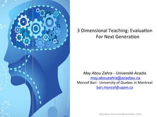 3	
  Dimensional	
  Teaching:	
  Evalua4on	
  
For	
  Next	
  Genera4on	
  
	
  
	
  
	
  
	
  
May Abou Zahra - Université Acadia
may.abouzahra@acadiau.ca
Moncef	
  Bari	
  -­‐	
  University	
  of	
  Quebec	
  in	
  Montreal	
  
bari.moncef@uqam.ca	
  
	
  
May	
  Abou	
  Zahra	
  and	
  Moncef	
  Bari,	
  2010	
  
 