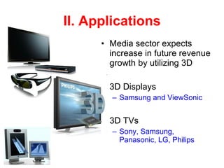 II. Applications Media sector expects increase in future revenue growth by utilizing 3D 3D Displays Samsung and ViewSonic 3D TVs Sony, Samsung, Panasonic, LG, Philips 