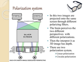 Polarization system
 In this two images are
projected onto the same
screen through different
polarizing filters.
 The brain perceives the
two different
perspectives with
different polarizations.
 Then the interpret it as
3D image has depth.
 There are two
polarization system.
Linear polarization
Circular polarization
 