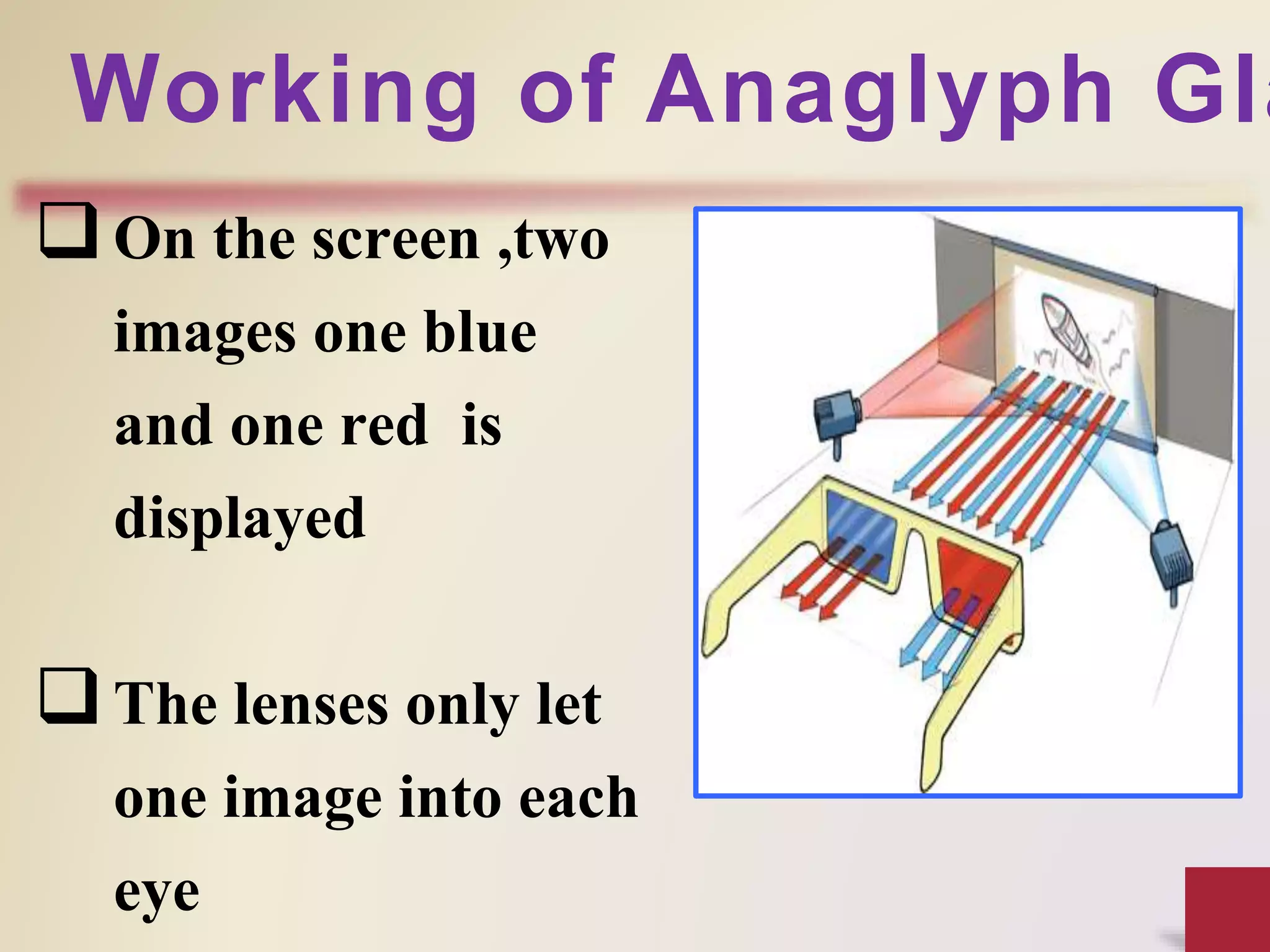 On the screen ,two
images one blue
and one red is
displayed
The lenses only let
one image into each
eye
Working of Anaglyph Gla
 