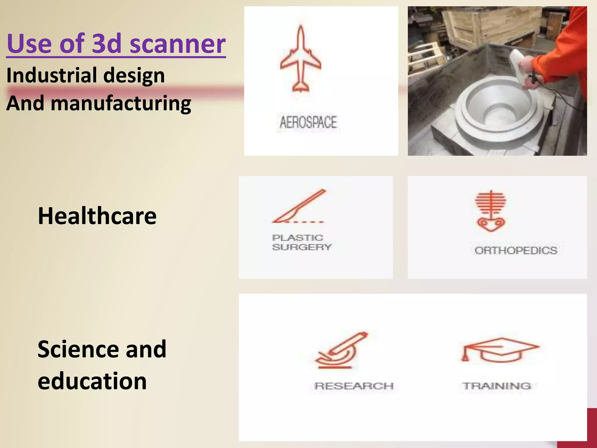 Use of 3d scanner
Industrial design
And manufacturing
Healthcare
Science and
education
 