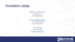 21
Kontaktní údaje
MONTANA s.r.o. Mladá Boleslav
Pod Borkem 313
293 01 Mladá Boleslav
E-mail: montana@montana-mb.cz
Tel: +420 326 731 840
Fax: +420 326 722 001
IČO: 47537396
DIČ: CZ47537396
http://www.montana-mb.cz
 