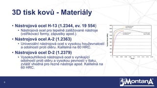 6
3D tisk kovů - Materiály
• Nástrojová ocel H-13 (1.2344, ev. 19 554)
• Nástrojová ocel pro tepelně zatěžované nástroje
(vstřikovací formy, zápustky apod.)
• Nástrojová ocel A-2 (1.2363)
• Univerzální nástrojová ocel s vysokou houževnatostí
a odolností proti otěru. Kalitelná na 60 HRC.
• Nástrojová ocel D-2 (1.2379)
• Vysokouhlíková nástrojová ocel s vynikající
odolností proti otěru a vysokou pevností v tlaku,
zvlášť vhodná pro řezné nástroje apod. Kalitelná na
60 HRC.
 