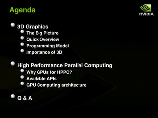 Agenda

 3D Graphics
    The Big Picture
    Quick Overview
    Programming Model
    Importance of 3D


 High Performance Parallel Computing
    Why GPUs for HPPC?
    Available APIs
    GPU Computing architecture


 Q&A
 