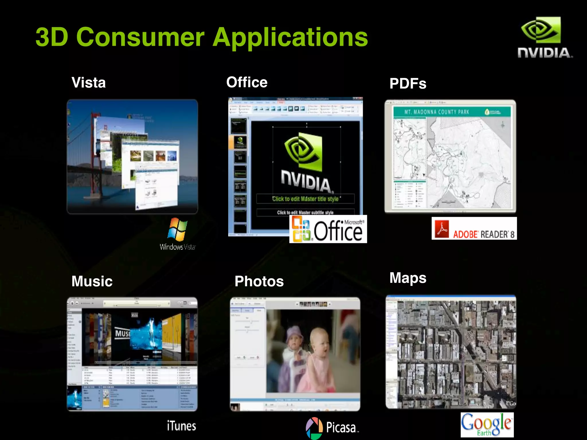 3D Consumer Applications
  Vista      Office        PDFs




  Music       Photos       Maps
 