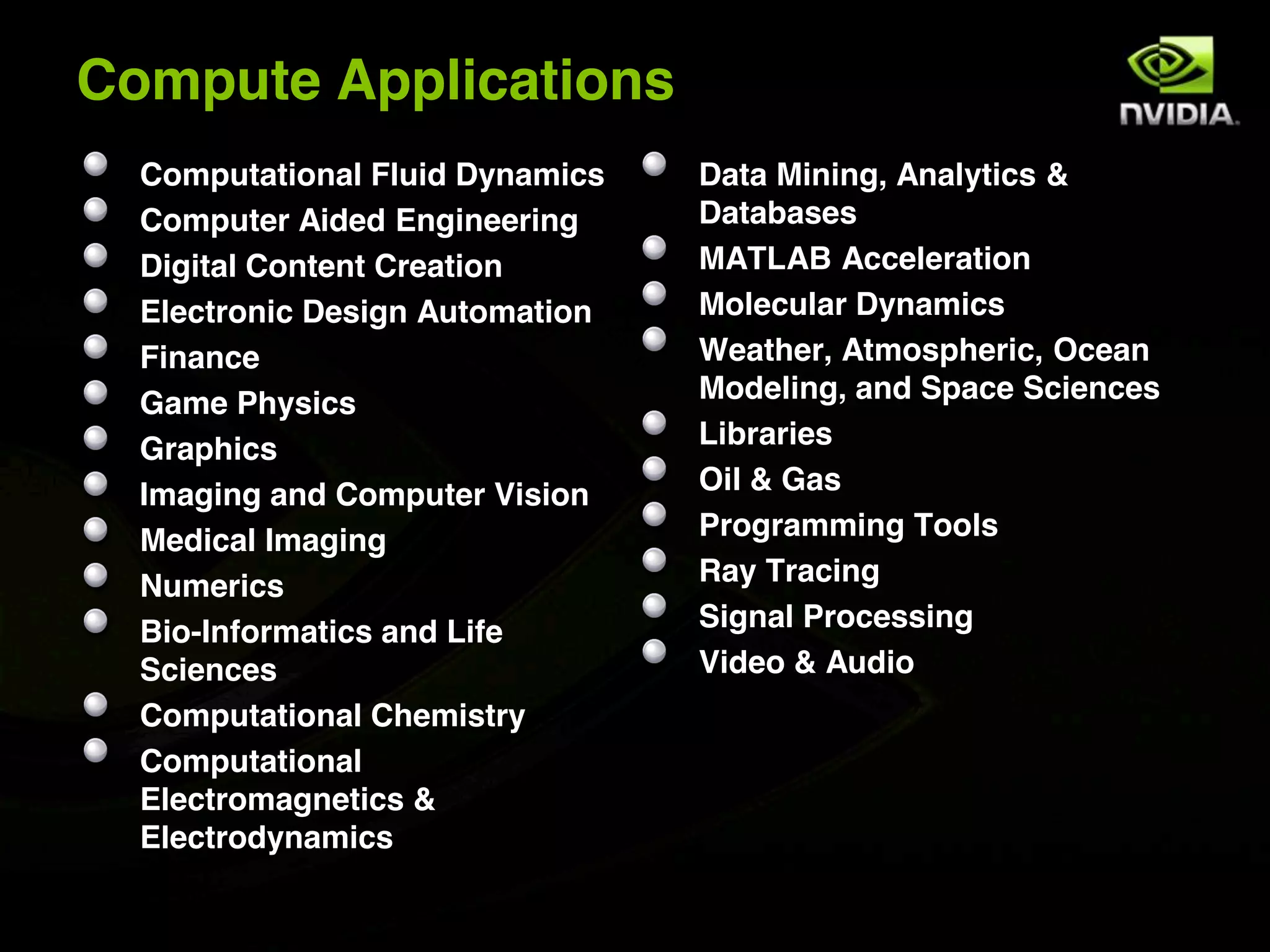 Compute Applications
  Computational Fluid Dynamics   Data Mining, Analytics &
  Computer Aided Engineering     Databases
  Digital Content Creation       MATLAB Acceleration
  Electronic Design Automation   Molecular Dynamics
  Finance                        Weather, Atmospheric, Ocean
  Game Physics                   Modeling, and Space Sciences
  Graphics                       Libraries
  Imaging and Computer Vision    Oil & Gas
  Medical Imaging                Programming Tools
  Numerics                       Ray Tracing
  Bio-Informatics and Life       Signal Processing
  Sciences                       Video & Audio
  Computational Chemistry
  Computational
  Electromagnetics &
  Electrodynamics
 