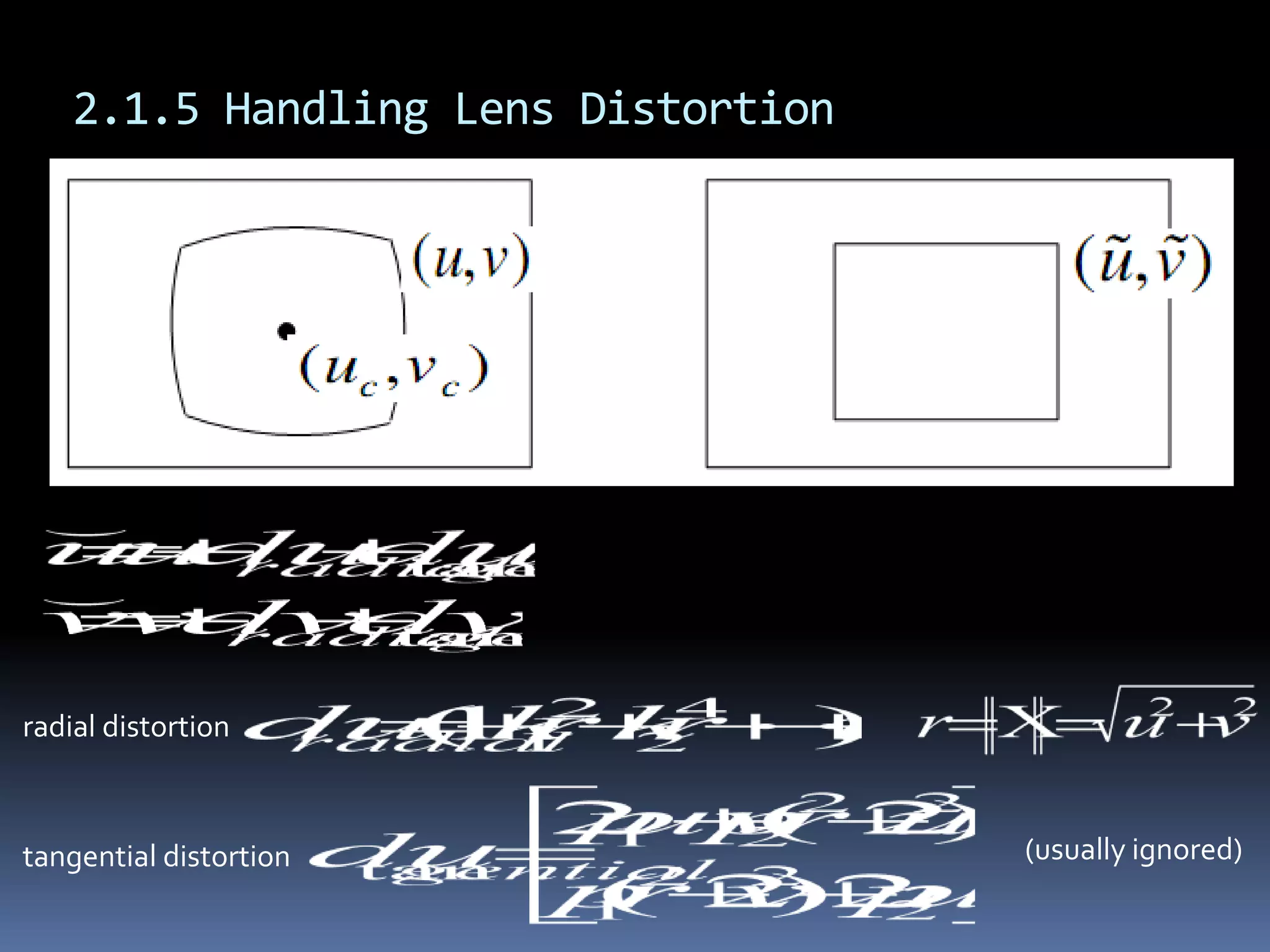 2.1.5 Handling Lens Distortion(usually ignored)radial distortiontangential distortion