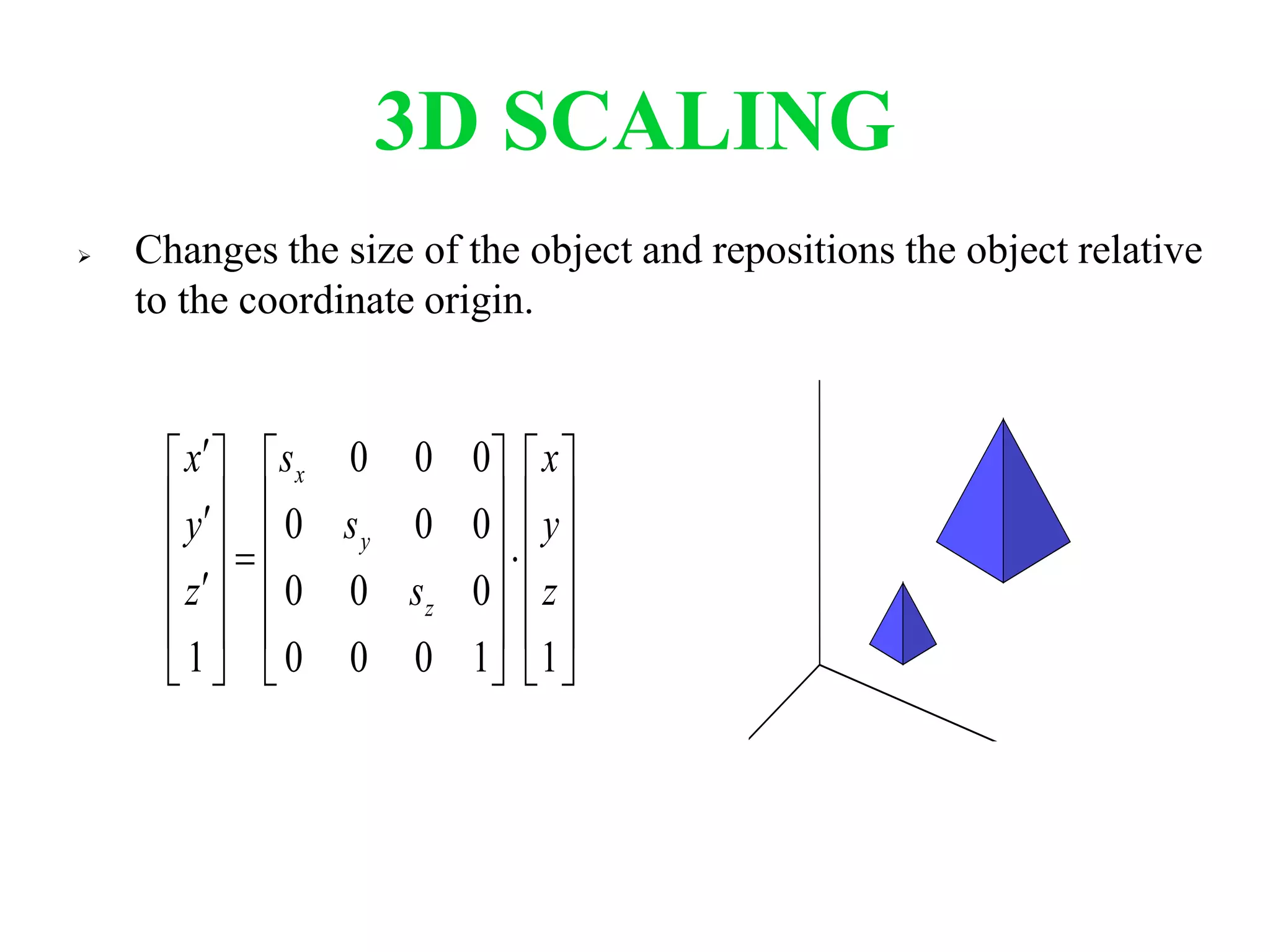3D SCALING
 Changes the size of the object and repositions the object relative
to the coordinate origin.









































11000
000
000
000
1
z
y
x
s
s
s
z
y
x
z
y
x
 