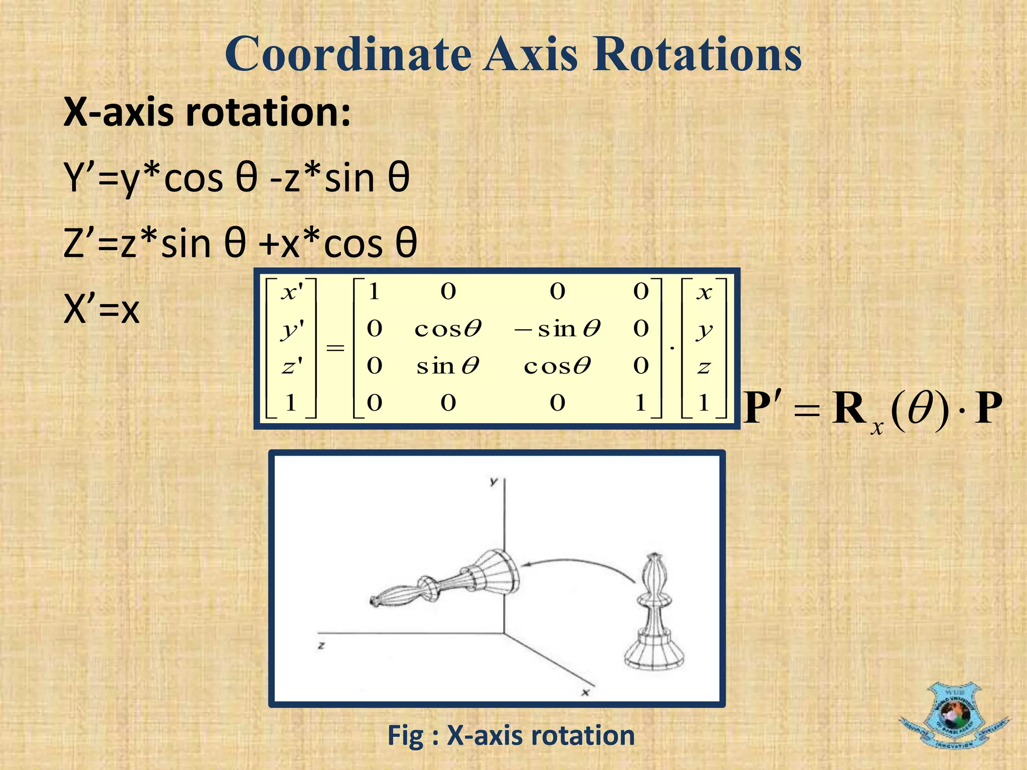 Coordinate Axis Rotations







































11000
0cossin0
0sincos0
0001
1
'
'
'
z
y
x
z
y
x


X-axis rotation:
Y’=y*cos θ -z*sin θ
Z’=z*sin θ +x*cos θ
X’=x
PRP  )(x
Fig : X-axis rotation
 