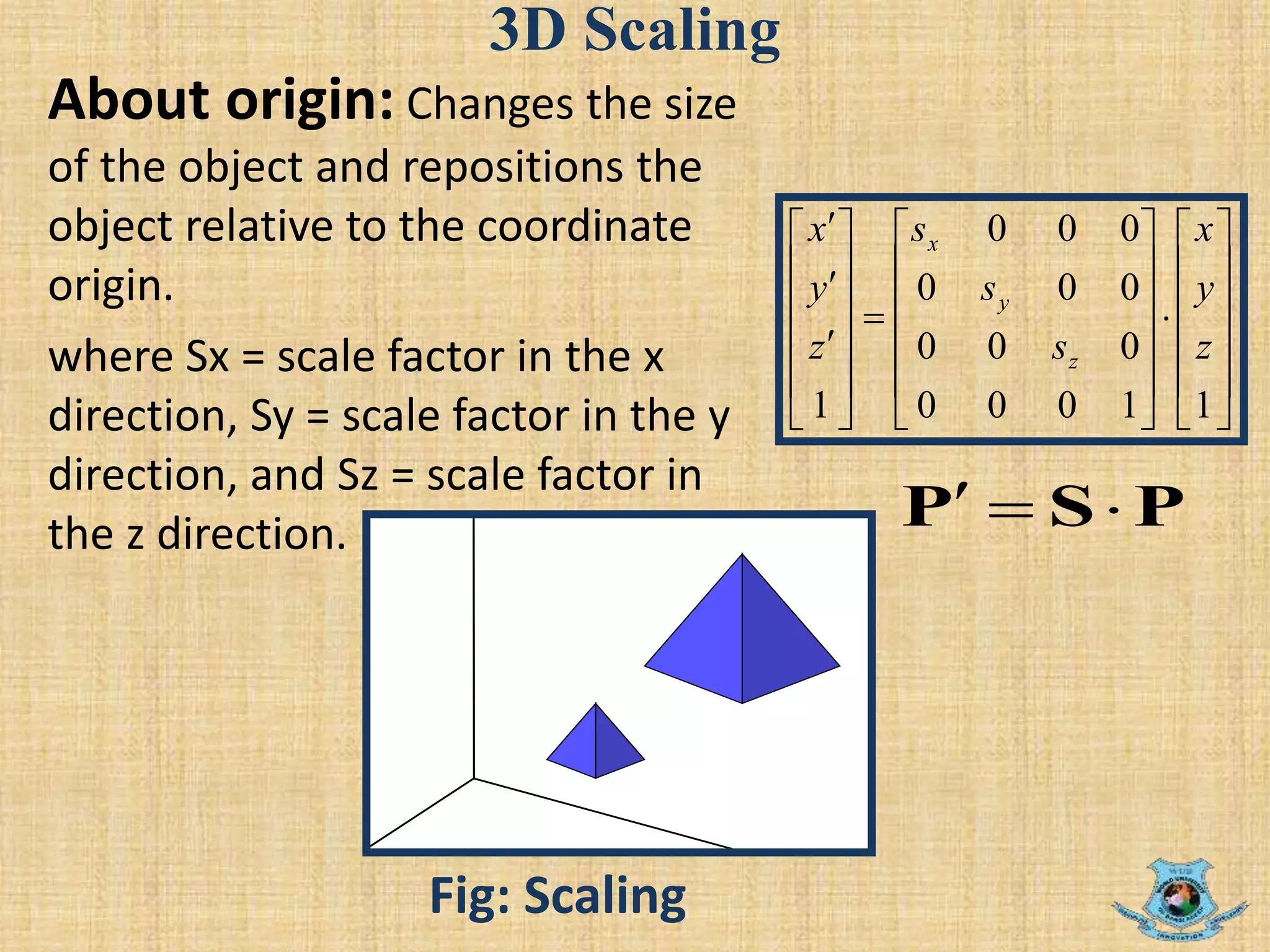 3D Scaling
About origin: Changes the size
of the object and repositions the
object relative to the coordinate
origin.
where Sx = scale factor in the x
direction, Sy = scale factor in the y
direction, and Sz = scale factor in
the z direction.
Fig: Scaling









































11000
000
000
000
1
z
y
x
s
s
s
z
y
x
z
y
x
PSP 
 