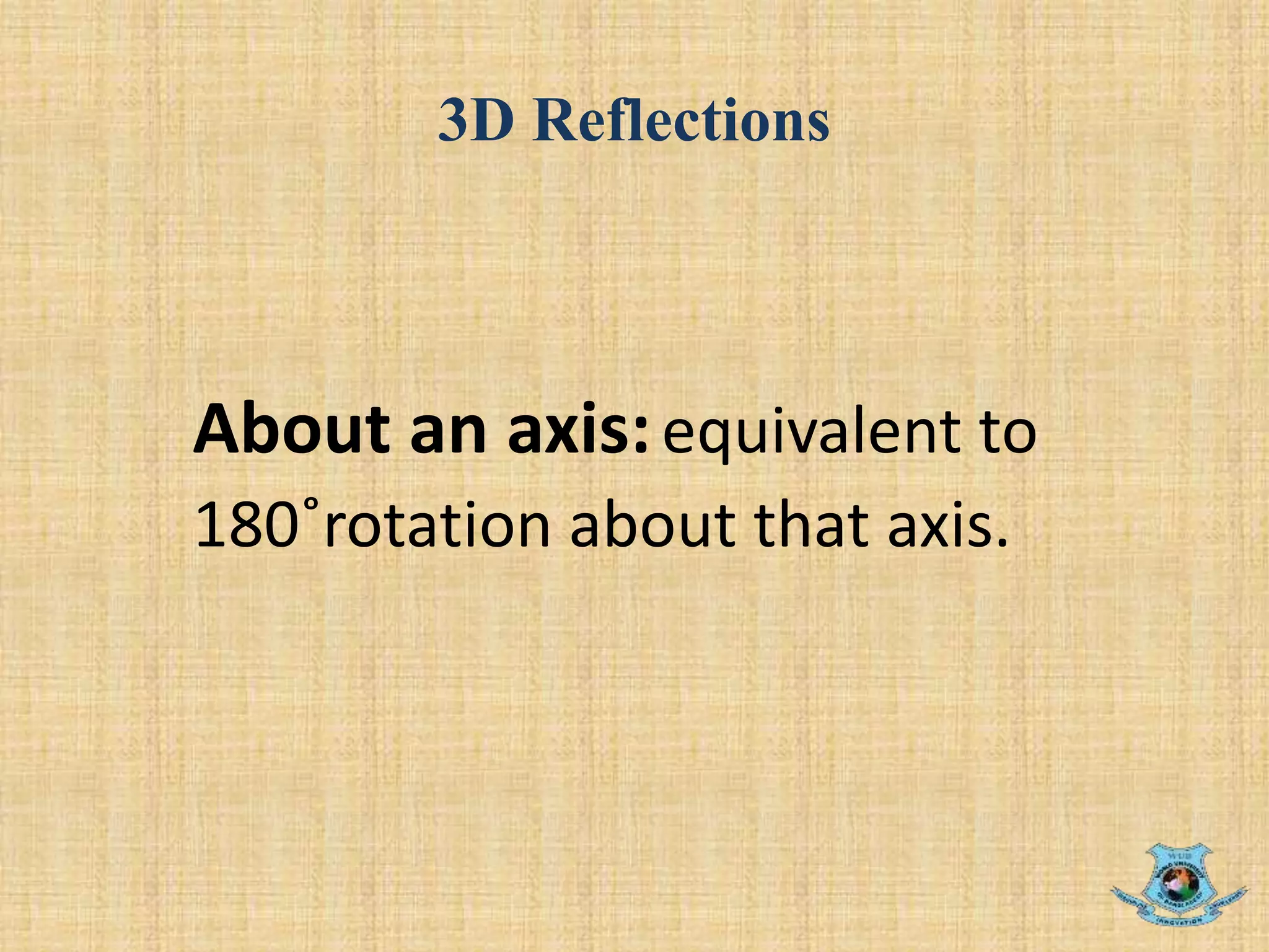 3D Reflections
About an axis:equivalent to
180˚rotation about that axis.
 