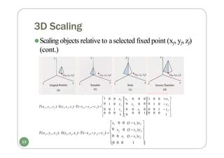 3D Scaling
⚫Scaling objects relative to aselected fixed point (xf, yf, zf)
(cont.)

0 z f


y f 
y
f f f x y z f f f

0 sz (1 s )z
0 0 0 1
s 0 (1 s )y

sx 0 0 (1 sx )xf 

0
T(x , y , z )  S(s ,s ,s ) T(x ,y ,z )  


1
00
01
1  0
1
0
f

f 
z
y
f

f 
f f f x y z f f f
xf 
0 0 0 0 0 0
1 0 s 0  1 0  y 
0 0 1 z  0 0 s 00 0 1  z 
0 0 0 0 0 10 0 0

y  0
xf sx
T(x , y , z )S(s ,s ,s )T(x ,y ,z )  
13
 
