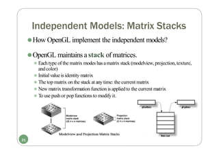 Independent Models: Matrix Stacks
⚫How OpenGL implement the independent models?
⚫OpenGL maintains astack of matrices.
⚫ Each type of the matrix modes hasamatrix stack (modelview,projection,texture,
and color)
⚫ Initial value is identity matrix
⚫ The top matrix on the stack at anytime: the current matrix
⚫ New matrix transformation function is appliedto the current matrix
⚫ To use push or pop functions to modifyit.
21
 