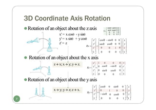 3D Coordinate Axis Rotation
⚫Rotation of an object about the yaxis
z' = z
⚫Rotation of an object about the zaxis
x' = x cos - ysin
y' = x sin + ycos
 
  
1 1 
 0
1 
⚫ Rotation of an object about the x axis
0 z 
  
0  y
0  x
z'  0
  
y'
Rx  
sin
x' cos sin 0
cos 0
0 1
0 0
 
  
1  1 
 0
1 
0  z 
  
0  y
0  x
y' 0
Ry  
z' sin
  
x' cos 0 sin
1 0
0 cos
0 0




 
  
 

  
  
 
1
 
1

1
1  0
0  z
0  y
0  x
 z' 0

y' 
0
 x' 0 0
  cos sin 
Rz 

    
 
sin cos
0 0
7
z x; x  y; y z.
x  y; y z;z x.
 