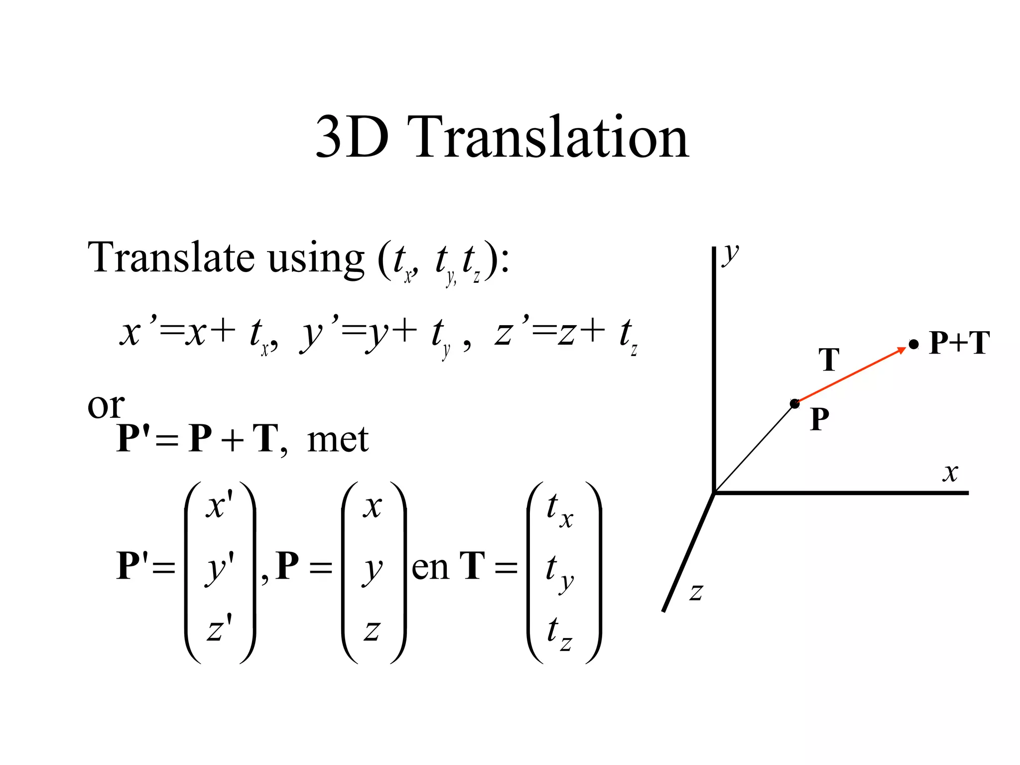 3D Translation
Translate using (tx, ty,tz):
x’=x+ tx, y’=y+ ty , z’=z+ tz
or
x
y
P
P+T
T
z










=










=










=
+=
z
y
x
t
t
t
z
y
x
z
y
x
TPP
TPP'
en,
'
'
'
'
met,
 