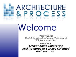 Woody Woods Chief Enterprise Architecture Technologist SI International, Inc. SessionTitle: Transitioning Enterprise Architectures to Service Oriented Architectures   