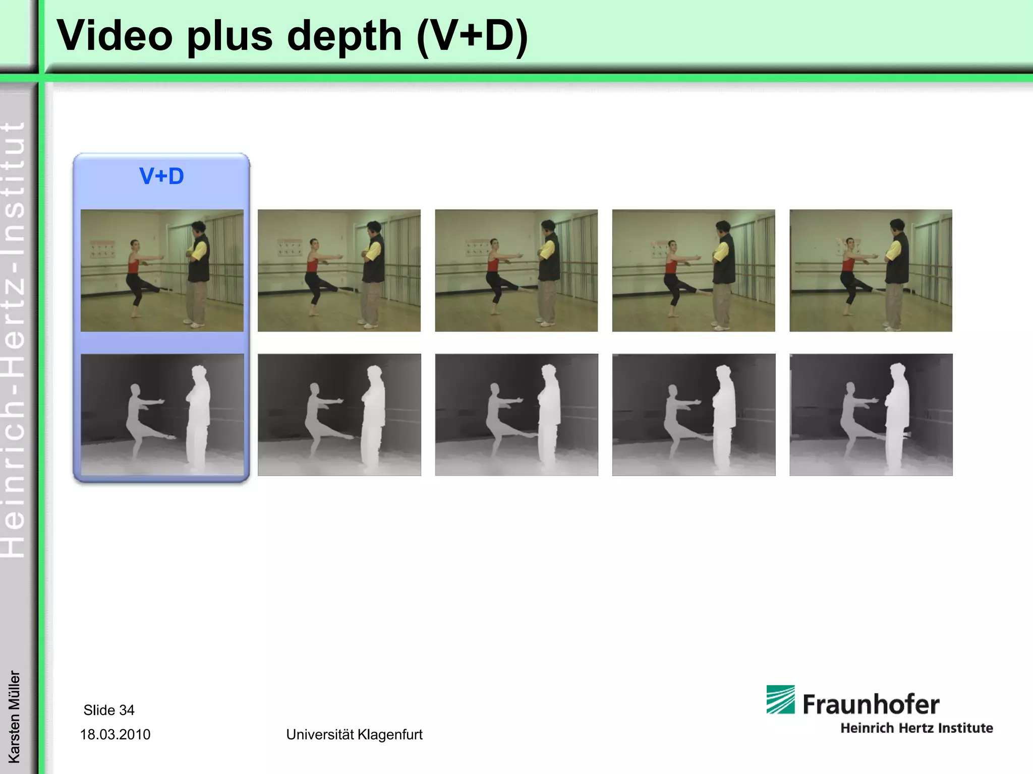Video plus depth (V+D)


                             V+D
Karsten Müller




                  Slide 34
                  18.03.2010       Universität Klagenfurt
 