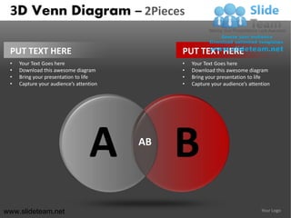 3D Venn Diagram – 2Pieces

 PUT TEXT HERE                           PUT TEXT HERE
 •   Your Text Goes here                 •   Your Text Goes here
 •   Download this awesome diagram       •   Download this awesome diagram
 •   Bring your presentation to life     •   Bring your presentation to life
 •   Capture your audience’s attention   •   Capture your audience’s attention




www.slideteam.net                                                         Your Logo
 