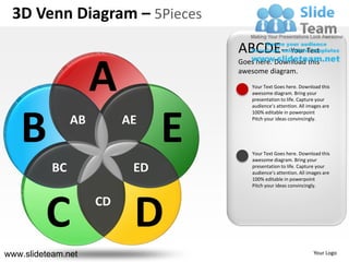 3D Venn Diagram – 5Pieces
                             ABCDE-- Your Text
                             Goes here. Download this
                             awesome diagram.
                                 Your Text Goes here. Download this
                                 awesome diagram. Bring your
                                 presentation to life. Capture your
                                 audience’s attention. All images are
                                 100% editable in powerpoint
                                 Pitch your ideas convincingly.




                                 Your Text Goes here. Download this
                                 awesome diagram. Bring your
                                 presentation to life. Capture your
                                 audience’s attention. All images are
                                 100% editable in powerpoint
                                 Pitch your ideas convincingly.




www.slideteam.net                                            Your Logo
 