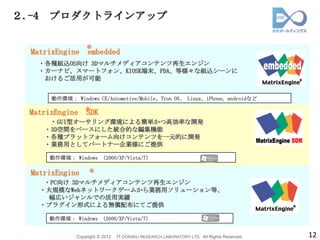 ２.-4    プロダクトラインアップ

                     ®
  MatrixEngine        embedded
    ・各種組込OS向け 3Dマルチメディアコンテンツ再生エンジン
    ・カーナビ、スマートフォン、KIOSK端末、PDA、等様々な組込シーンに
     おけるご活用が可能


         動作環境： Windows CE/Automotive/Mobile、Tron OS、 Linux、iPhone, androidなど
                     ®
  MatrixEngine       SDK
        ・GUI型オーサリング環境による簡単かつ高効率な開発
       ・3D空間をベースにした統合的な編集機能
       ・各種プラットフォーム向けコンテンツを一元的に開発
       ・業務用としてパートナー企業様にご提供

        動作環境： Windows （2000/XP/Vista/7）

                       ®
  MatrixEngine
        ・PC向け 3Dマルチメディアコンテンツ再生エンジン
       ・大規模なWebネットワークゲームから業務用ソリューション等、
         幅広いジャンルでの活用実績
       ・プラグイン形式による無償配布にてご提供

        動作環境： Windows （2000/XP/Vista/7）


                 Copyright © 2012   IT DORAKU RESEARCH LABORATORY LTD. All Rights Reserved.   12
 