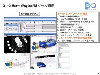 ３.-2 MatrixEngineSDKツール画面

        操作画面サンプル                                          オーサリングツールの特長
                                                          1. 軽量かつ軽快な操作性
                                                          2. マルチな素材のインポート機能
                                                          3. SDKツールだけでアプリ開発環境を実現
                                                          4. 大規模開発環境に対応
                                                          5. 産業系3D/2Dデータの導入
                                                          6. 既存データベースとの連携
                                                          7. 各種外部ファイルとの柔軟な接続
                                                          8. プログレッシブ・ダウンロード環境
                                                          9 .インタラクティブな双方向通信機能
                                                          10. 音声・映像ストリーミング再生の対応




          Copyright © 2012   IT DORAKU RESEARCH LABORATORY LTD. All Rights Reserved.   15
 
