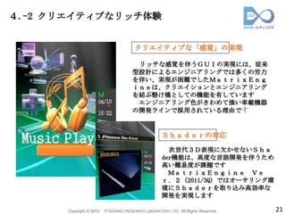 ４.-2 クリエイティブなリッチ体験


                                        クリエイティブな「感覚」の実現

                                        リッチな感覚を伴うＧＵＩの実現には、従来
                                       型設計によるエンジニアリングでは多くの労力
                                       を伴い、実現が困難でしたＭａｔｒｉｘＥｎｇ
                                       ｉｎｅは、クリエイションとエンジニアリング
                                       を結ぶ懸け橋としての機能を有しています
                                        エンジニアリング色がきわめて強い車載機器
                                       の開発ラインで採用されている理由です


                                                     Ｓｈａｄｅｒの対応

                                                       次世代３Ｄ表現に欠かせないＳｈａ
                                                     der機能は、高度な言語開発を伴うため
                                                     高い難易度が課題です
                                                       ＭａｔｒｉｘＥｎｇｉｎｅ Ｖｅ
                                                     ｒ．２（2011/3Q）ではオーサリング環
                                                     境にＳｈａｄｅｒを取り込み高効率な
                                                     開発を実現します

       Copyright © 2012   IT DORAKU RESEARCH LABORATORY LTD. All Rights Reserved.   21
 