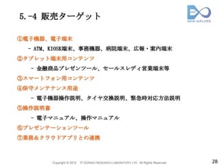 5.-4 販売ターゲット

①電子機器、電子端末
 - ATM、KIOSK端末、事務機器、病院端末、広報・案内端末
②タブレット端末用コンテンツ
  - 金融商品プレゼンツール、セールスレディ営業端末等
③スマートフォン用コンテンツ
④保守メンテナンス用途
  - 電子機器操作説明、タイヤ交換説明、緊急時対応方法説明
⑤操作説明書
  - 電子マニュアル、操作マニュアル
⑥プレゼンテーションツール
⑦業務＆クラウドアプリとの連携



         Copyright © 2012   IT DORAKU RESEARCH LABORATORY LTD. All Rights Reserved.   28
 